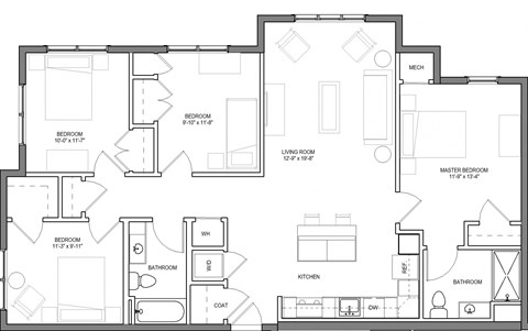 Floor plan for 4 beds, 2 baths